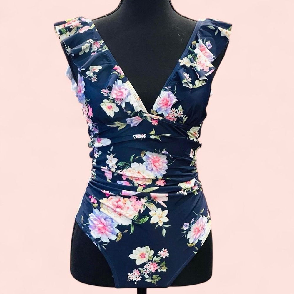 CUPSHE Deep V-Neck Lace Up Back Navy Floral Monokini One-Piece Swimsuit Small